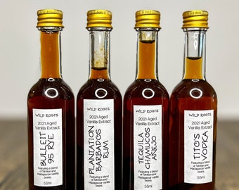 Handcrafted Double-Strength Vanilla Extract – Set of 4 Extracts Aged in Premium Liquor – Madagascar and Tahitian Vanilla Blend – 220ml total