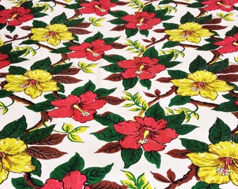 Mid Century Hibiskus Stoff: 1940er Tropisches Acetat Meterware