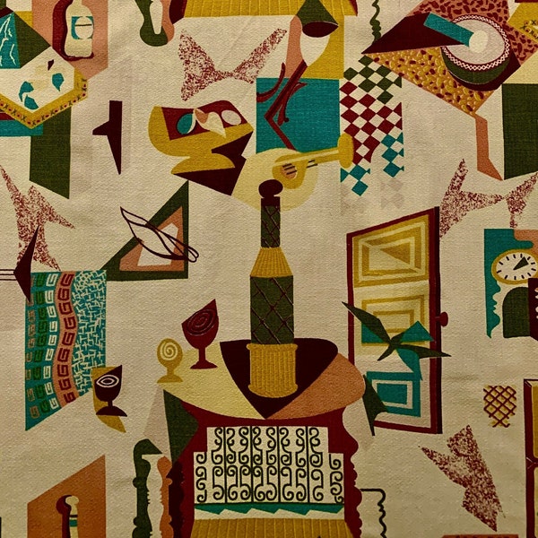 1950s Atomic Barkcloth with a Pablo Picasso Vibe/ Cotton Yardage for Upholstery and Home Decor/ 43"W x 88"L