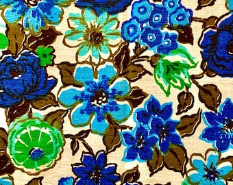 Bright Blue, Green, and White, Boho Vintage 1960s Floral Barkcloth Fabric/Cotton Yardage for Home Decor and Apparel/ 3+ Yards