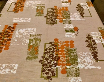 Mid Century Modern Barkcloth Fabric: Abstract Floral, Metallic Gold Accents (44" x 76")