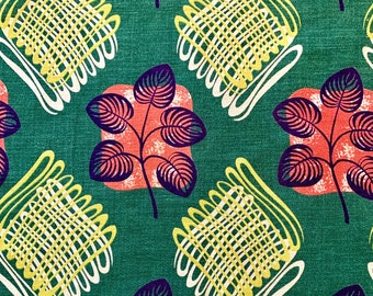 Wild Stylized 1950s Leaf Motif Barkcloth Fabric/ Eames Era Chic Cotton Yardage for Upholstery and Home Decor/ 2 Panels 34"W x 73"L