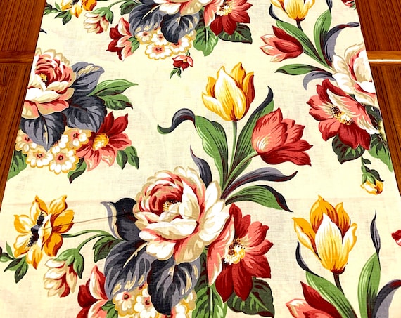 Fab 40s Vintage Broadcloth Fabric with Colorful Flowers/ Hollywood Glam Cotton Yardage for Upholstery and Home Decor/BTY 12 Yards