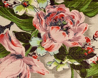 44 by 194 Inches of Vintage 1940/'s Floral Barkcloth Material