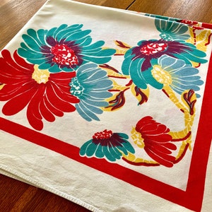 Groovy 1950s Cotton Tablecloth with Stylized Floral Design/ Boho Decor 45" x 53"