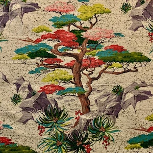 1950s Barkcloth Fabric/ Colorful Stylized Banyan Tree in Desert Landscape/ Cotton Yardagefor Upholstery and Home Decor? 2.5 Yards