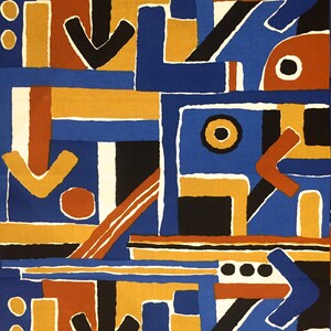 May include: Abstract geometric pattern in shades of blue, orange, yellow, black, and white. The pattern features arrows, circles, and squares.