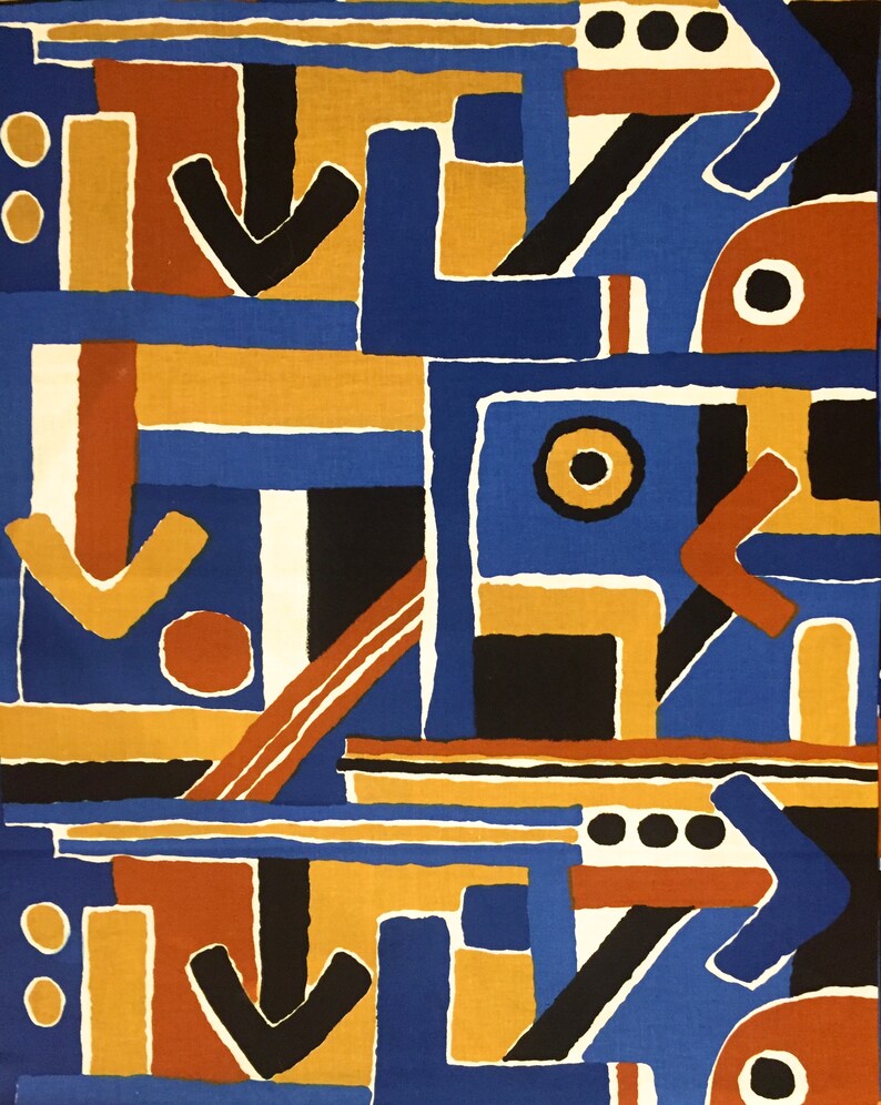May include: Abstract geometric pattern in shades of blue, orange, yellow, black, and white. The pattern features arrows, circles, and squares.