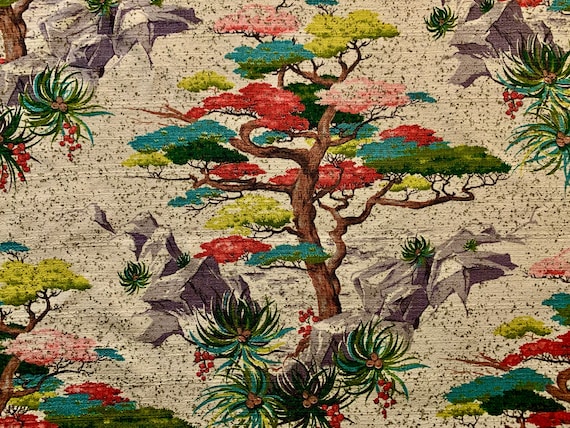 1950s Barkcloth Fabric/ Colorful Stylized Banyan Tree in Desert Landscape/ Cotton Yardagefor Upholstery and Home Decor? 2.5 Yards