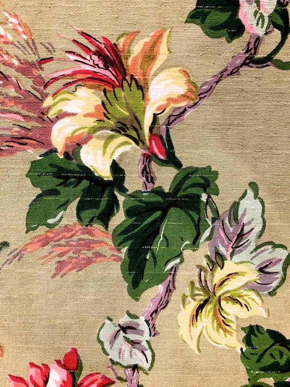 Stunning Asian Inspired Floral Barkcloth Fabric/ Cohama Hand Printed Cotton Yardage for Upholstery/Drapery/Home Decor/ BTY 5 Yards Available