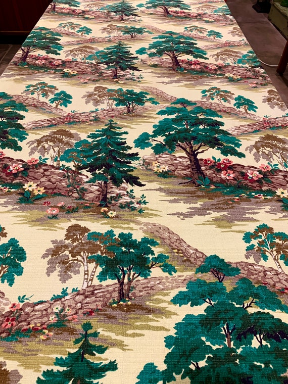 Vintage 1940s Beguiling Trees and Rolling Hills Landscape Barkcloth Fabric/ Cotton Yardage for Upholstery and Home Decor/ 2 Panels Available