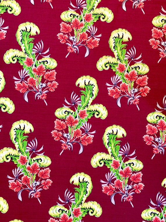 Feathers or Foliage? Vintage 1940s Colorful Barkcloth Fabric/ Cotton Yardage for Upholstery and Home Decor/ 6 Uncut Yards Available