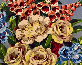 Marvelous 1930s Rose and Foxglove Floral Barkcloth Era Fabric/ Rayon Sateen Yardage for Home Decor and Upholstery/ 3 Panels Available