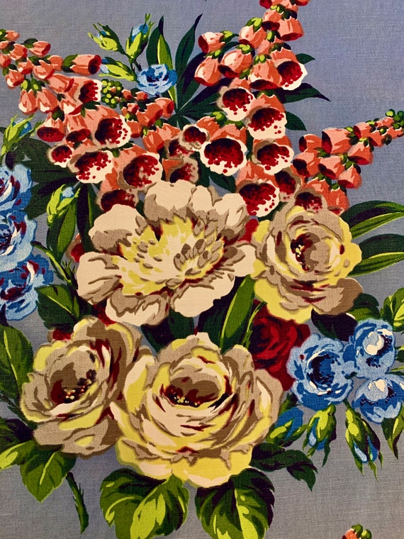 Marvelous 1930s Rose and Foxglove Floral Barkcloth Era Fabric/ Rayon Sateen Yardage for Home Decor and Upholstery/ 3 Panels Available