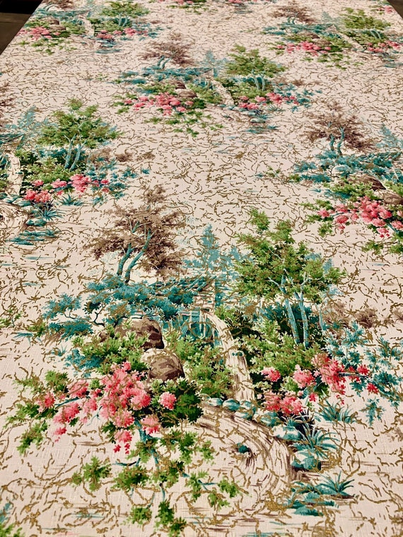 Vintage 1940s Beguiling Woodland Landscape Barkcloth Fabric/ Cotton Yardage for Upholstery and Home Decor/46"W x77"L