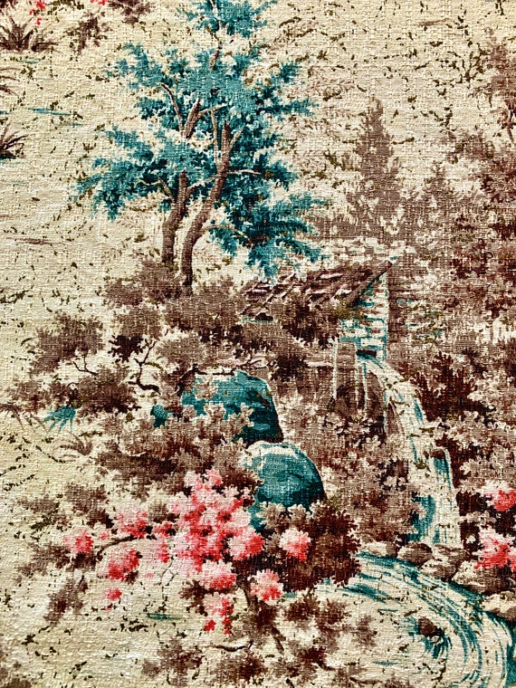 Vintage 1940s Beguiling Woodland Landscape Barkcloth Fabric/ Cotton Yardage for Upholstery and Home Decor/35"W x68"L/ Blue Colorway