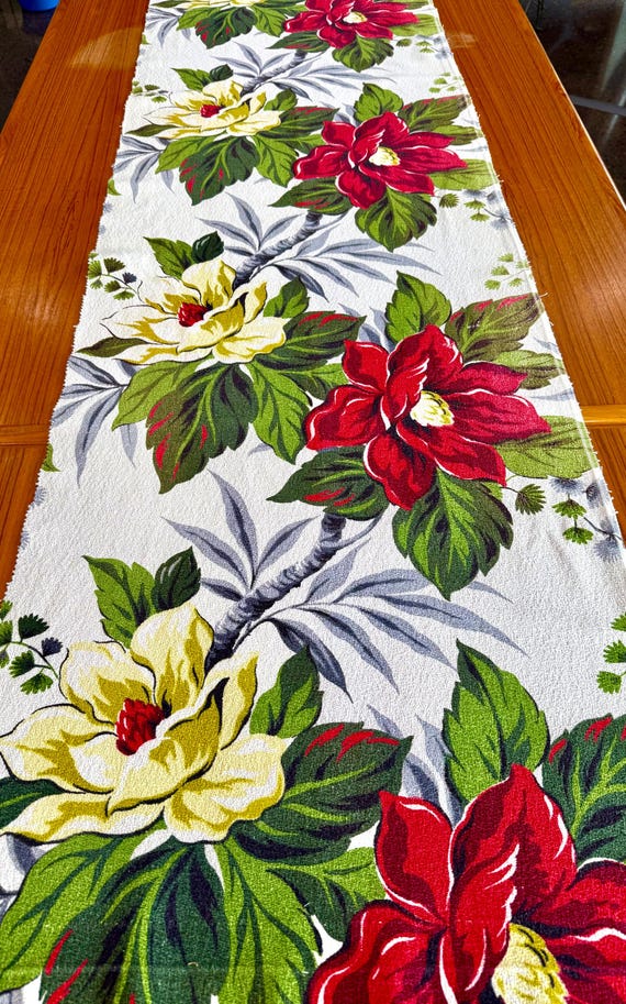 1940s Tropical Floral Barkcloth Fabric with Holiday Flair, 2 Panels Available 21"W x 79"L