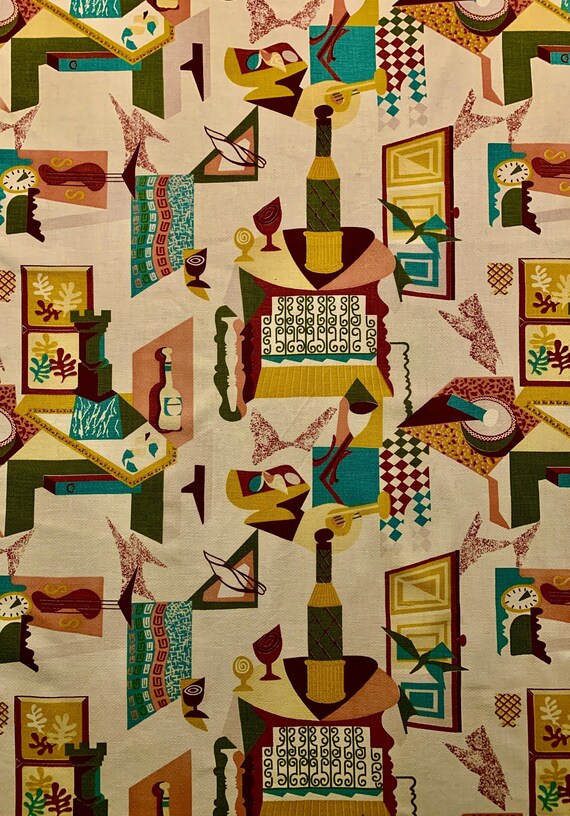 1950s Atomic Barkcloth with a Pablo Picasso Vibe/ Cotton Yardage for Upholstery and Home Decor/ 43"W x 88"L