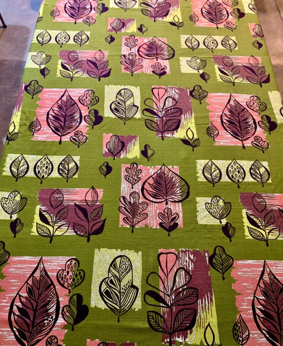 Groovy MCM Chic Leaves with Attitude Barkcloth Yardage Apparel and Home Decor/ 42" x 2.7 Yards (Green Colorway)
