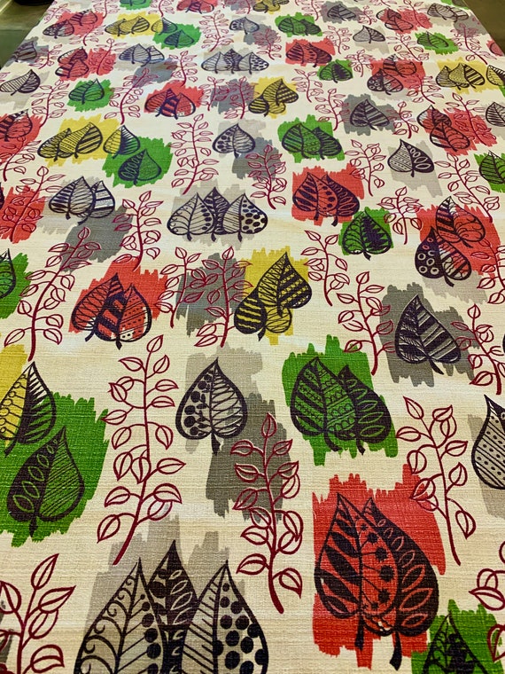 Vintage 1950s MCM Leaf Motif Barkcloth Fabric/ Eames Era Leaves with Attitude for Upholstery and Home Decor/ 2.75 Yards