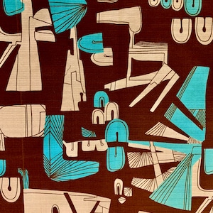 Whimsical Mid Century Modern Turquoise and Chocolate Abstract Barkcloth Fabric for Upholstery and Home Decor/33&quot;W x 114&quot;L/ 3 Yards