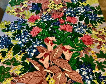 Exceptional Hand Printed 1940s Floral Barkcloth Fabric/ Cotton Yardage for Upholstery and Home Decor/ 3 Panels Available