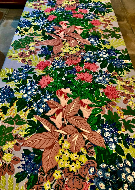 Exceptional Hand Printed 1940s Floral Barkcloth Fabric/ Cotton Yardage for Upholstery and Home Decor/ 3 Panels Available