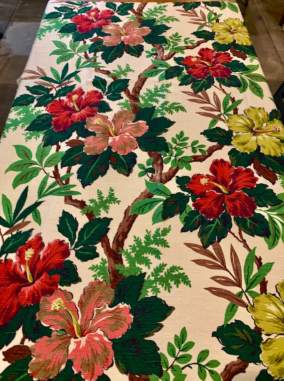 Brilliant 1930s Hibiscus Barkcloth Fabric/ Cotton Yardage for Upholstery and Home Decor/ 44"W x 59"L