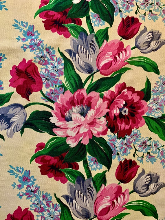 Magnificent 1940s Fancy Pink Tulips/ Barkcloth Era Fabric/ Cotton Yardage For Upholstery and Home Decor/ 4 Large Panels Available