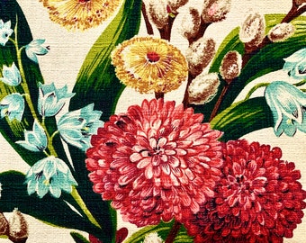 Spectacular 1940s Floral Barkcloth Bouquets/ Cotton Yardage for Upholstery and Home Decor/ 2 Yards