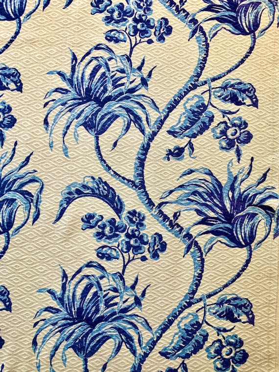 Spectacular 60s Tone on Tone Blue Tropical Barkcloth Fabric/ Cotton Yardage for Apparel and Boho Decor/ 33"W x 82"L