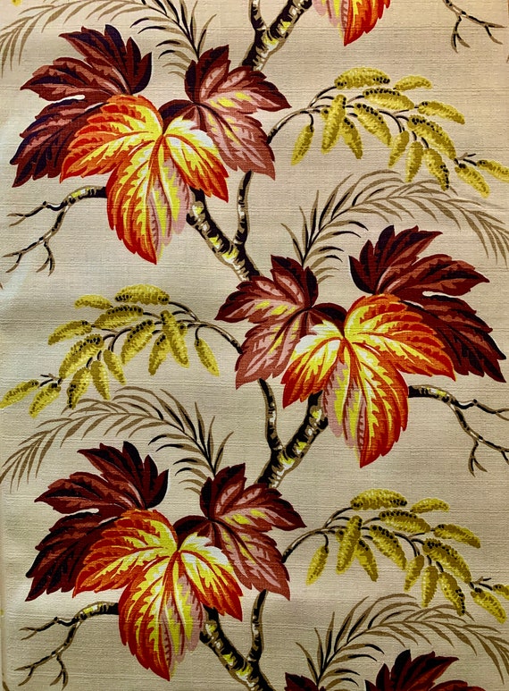 Spectacular Vintage 1950s Fall Foliage and Flowers Barkcloth Fabric/ Cotton Remnant for Upholstery and Home Decor/ 47"W x35"L