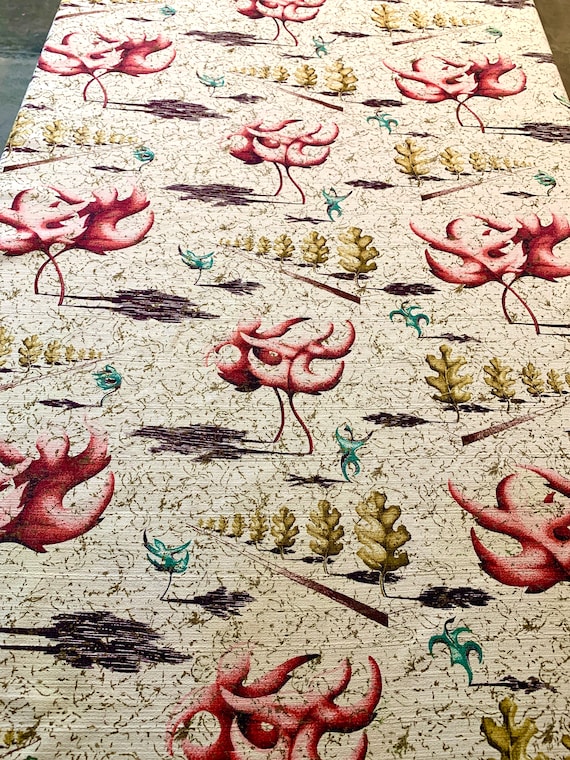 Vintage 1950s Salvador Dali's Blue, Pink, and Yellow Dancing Leaves Barkcloth/  MCM Fabric for Upholstery and Home Decor/ 3 Panels Available
