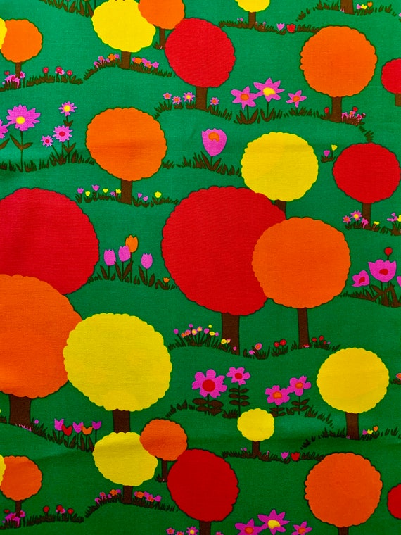 Whimsical Daisies, Tulips, and Lollypop Trees 1970s Broadcloth Fabric/ Viscose Yardage for Upholstery and Home Decor/ 48"W x 80"L