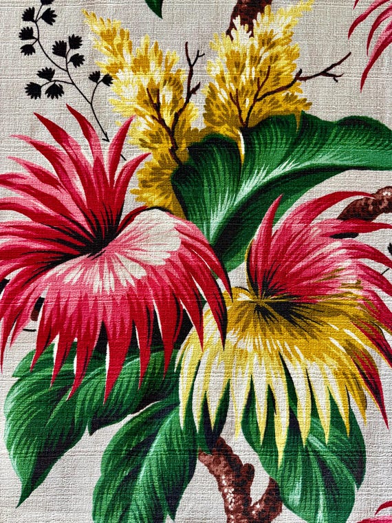 Vintage 1940s Banana Leaf Barkcloth Fabric:Boho Decor Decor