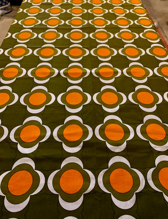 Fab 70s Orange and Green Psychedelic Daisy Fabric/ Boho Chic Abstract Floral for Upholstery and Home Decor/47"W x 81"L