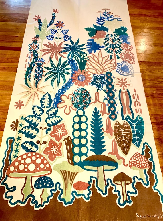 Fab '60s Stylized Tropical Foliage Brushed Canvas Fabric Mural for Home Decor, Textile Art, and Upholstery/ 50"Wx103"L