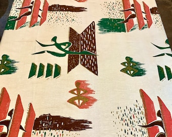 Tessuto di cotone Barkcloth in stile Mid-Century Modern, dipinto a mano negli anni '50.