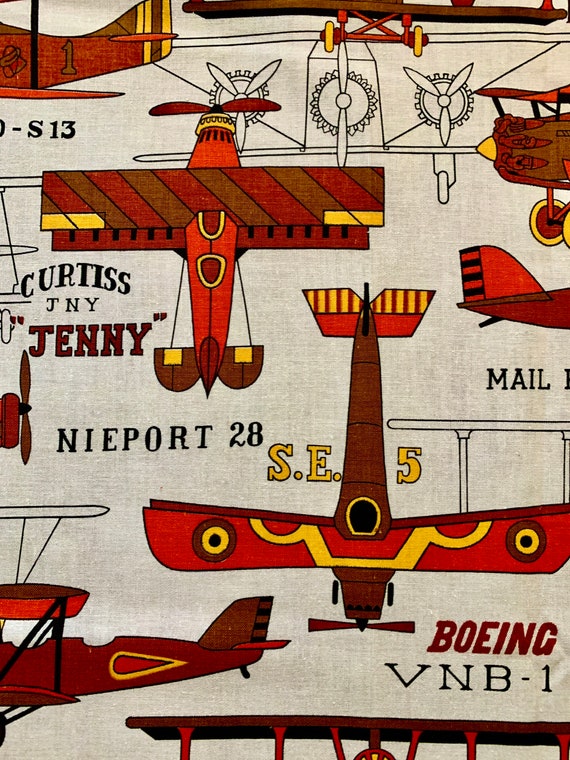 Groovy 1960s Vintage Broadcloth Fabric with an Early 20th Century Airplane Design /  Cotton Yardage for Upholstery and Home Decor