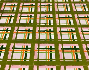 50s MCM Lattice Plaid Cotton Fabric: Pink, Orange, Green Upholstery