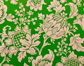 Vintage 70er Jahre jakobinischer Toile Stoff: Sittich grün stilisierte Blüten, Cohama Textiles