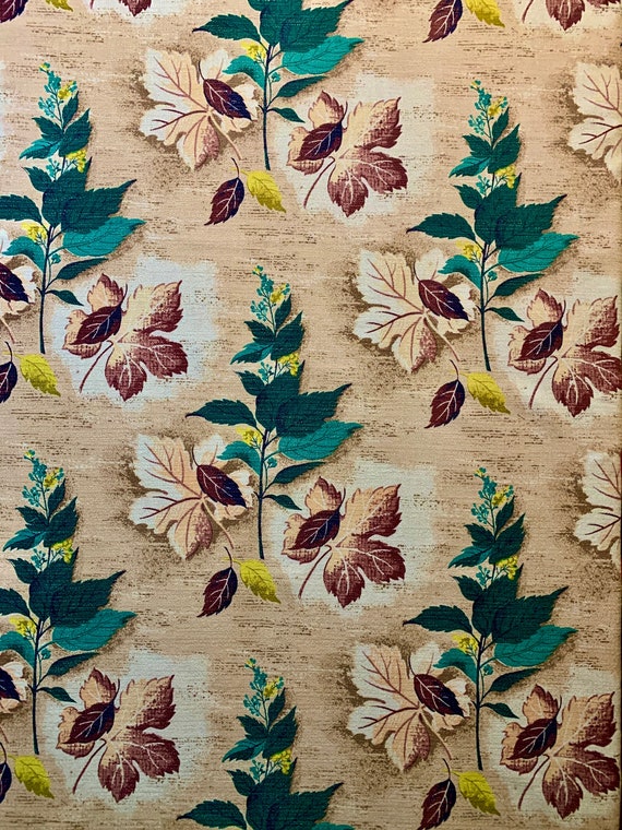 1940s Falling Leaves and Wild Flower Barkcloth Fabric/ Acetate Yardage for Home Decor and Upholstery/ 40"W x75"L