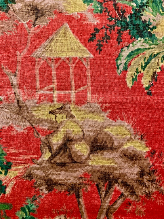 Spectacular 1920s Hand Blocked Linen Fabric/  Chinoiserie Design Salesman's Sample for Home Decor/ 23.5W x 51"L