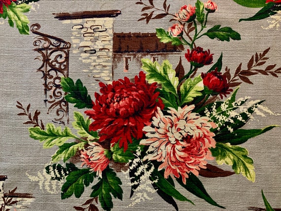 1940s Floral Barkcloth/ Magnificent Peonies with Architectural Accents/ Cotton Yardage for Upholstery and Home Decor/ 33" x 56"