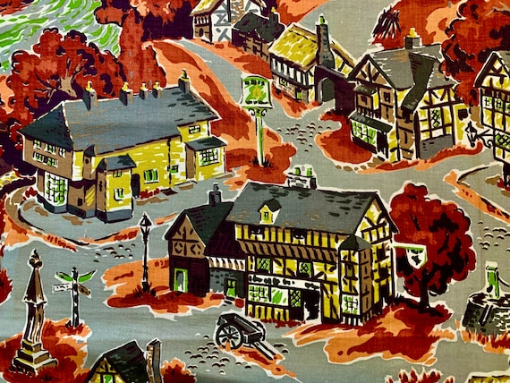 Adorable 1930s Broadcloth Fabric with a Grandma Moses 19th Century Village Vibe/ Cotton Yardage for Upholstery and Home Decor/ 5 Yards Aval