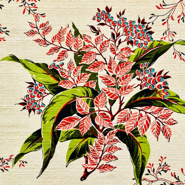 Vintage 40s Holly Berry Barkcloth Fabric: Hollywood Glam Cotton (2.6 Yards)