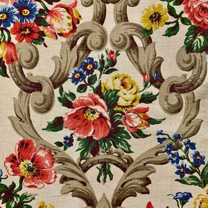 1930s Floral Barkcloth Fabric: Neoclassical Cotton Yardage, 75&quot;L