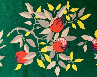 Adorable Pomegranate and Foliage 50s Barkcloth Fabric/ Cotton Yardage for Upholstery and Home Decor/47”W x 51”L