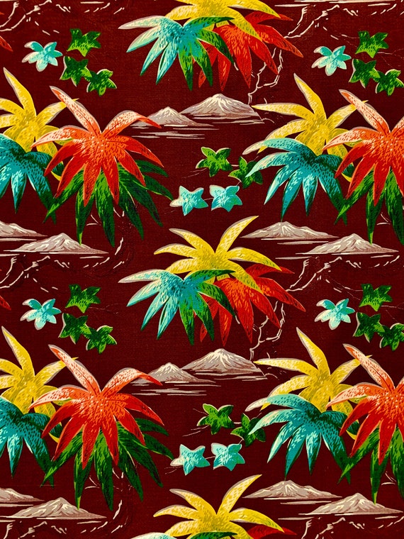 Spectacular Vintage 40s Hawaiian Barkcloth Fabric/  Banana Leaves and Mountains/ Cotton Yardage for Upholstery and Home Decor/ 3 Panels