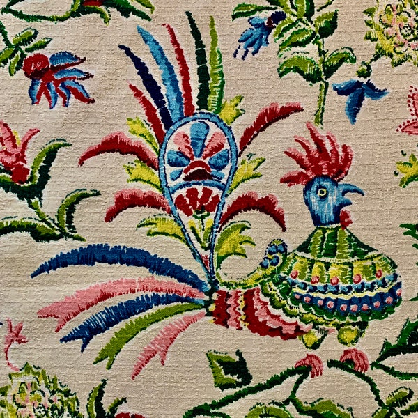 MCM 1950s Abstract Rainbow Birds and Blooms Barkcloth Fabric/ Yardage de algodón para decoración y tapicería del hogar/ 46"W x 67"L